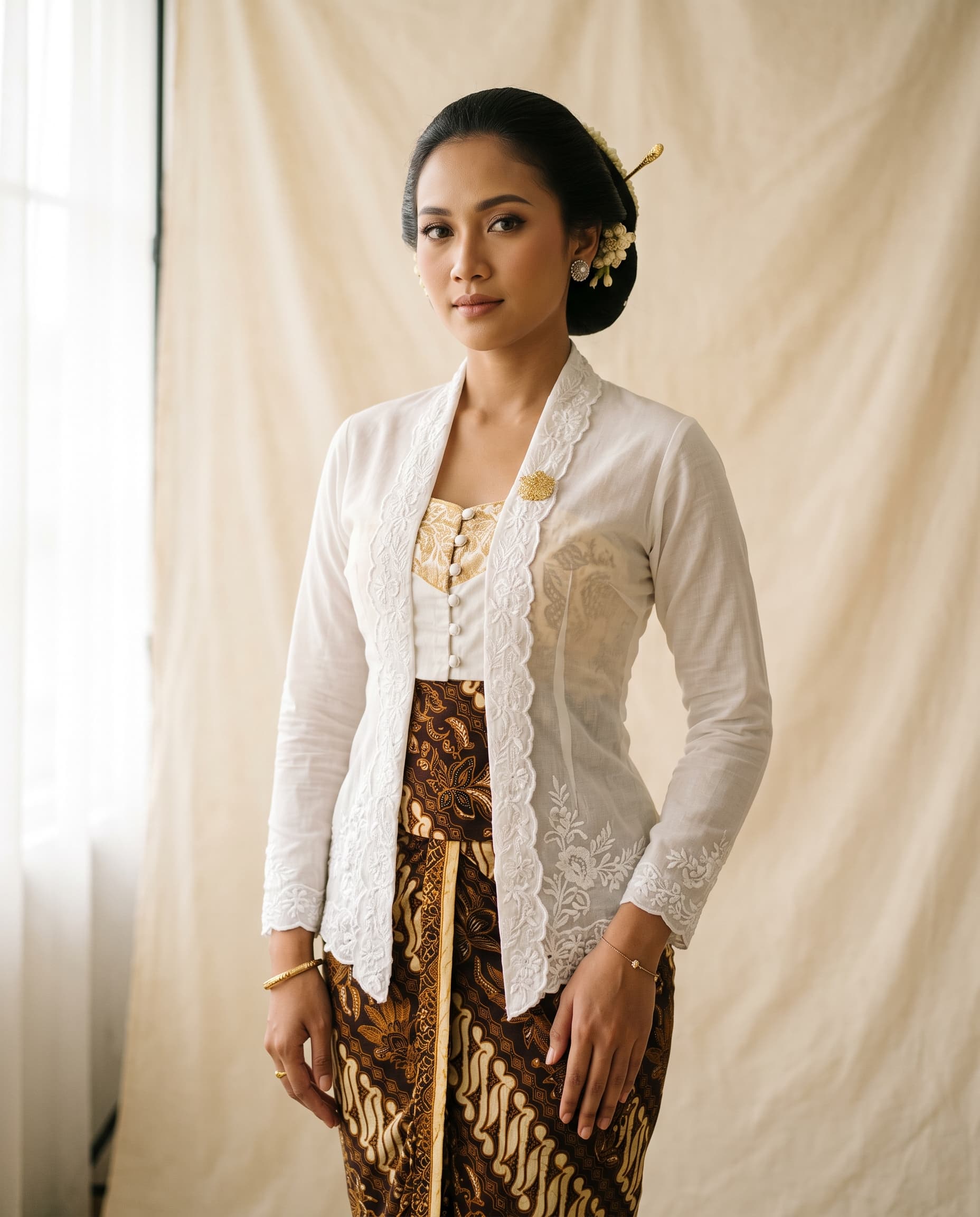 Wanita mengenakan kebaya kartini putih dan kain batik sogan