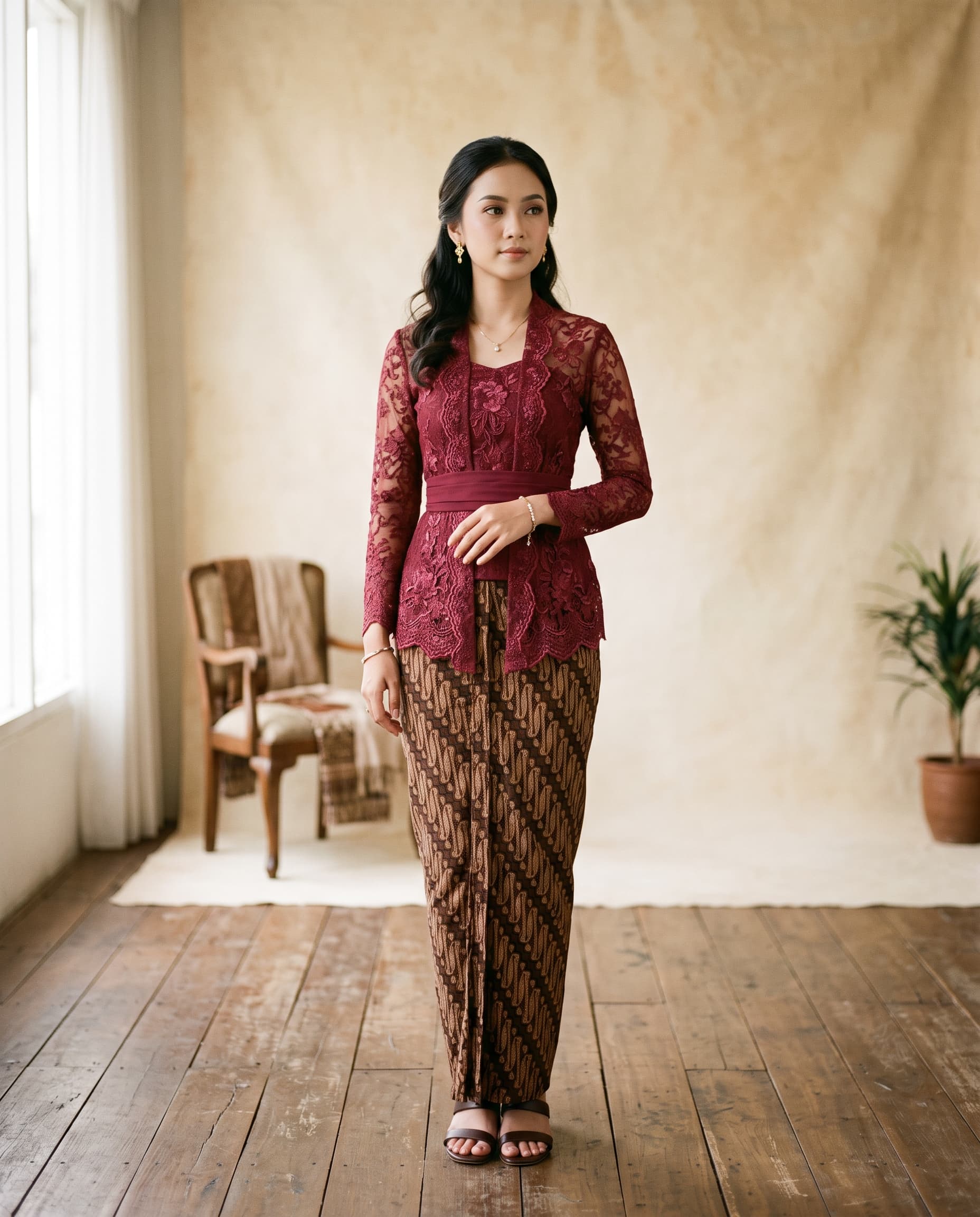 Wanita mengenakan kebaya brokat marun dan kain batik coklat